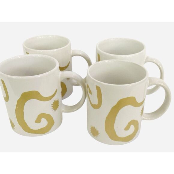 Oscar de la Renta Retired Ceramic Coffee Mugs White Gold Swirl Cups Set Of 4 - Picture 8 of 8
